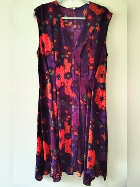 Rachel Roy Purple Dark Floral A Line Midi Dress XL Sleeveless Flowy Boho Pleated